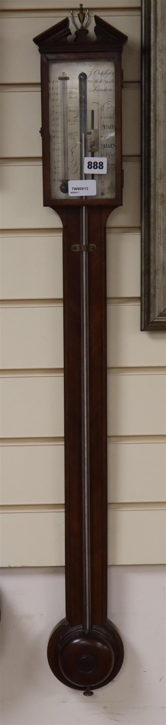 A Georgian mahogany stick barometer by Jn. Ortelly & Co, 94 Holborn Hill, London, with silvered scales H.95cm